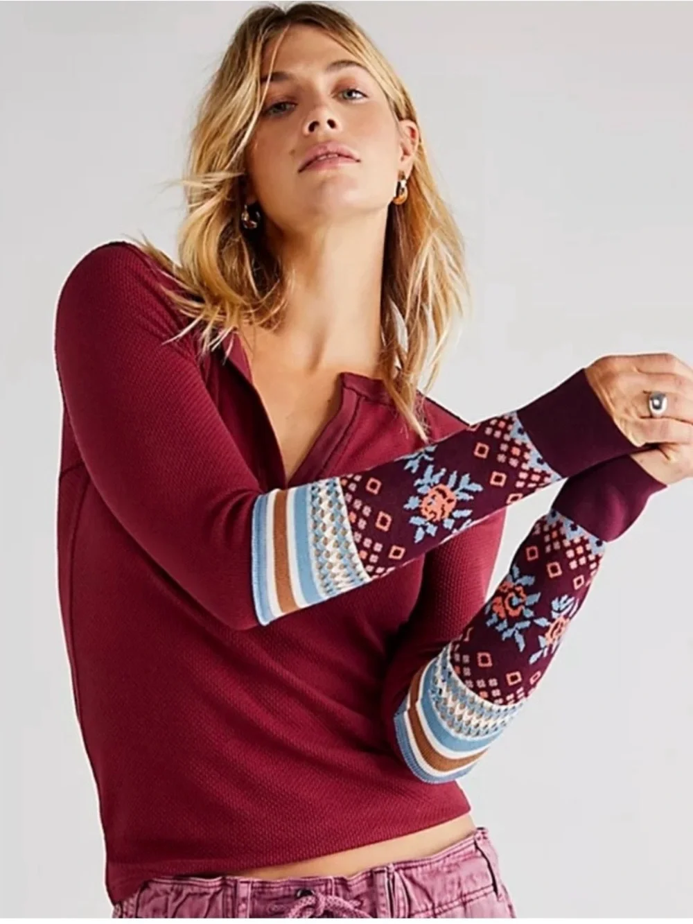 Free People Burgundy Mikah Layering Long Sleeve Henley with Patterned Cuffs - Picture 1 of 6